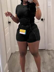 SHEIN 2pcs/Set Plus Size Women Solid Color Round Neck Raglan Sleeve Crop Top And Shorts Set, 2 Pieces Set Black, For Summer - Black - View 4