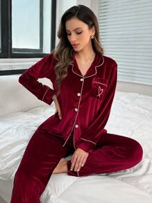 Set de pijama pufos cu mânecă lungă, bluză și pantaloni cu buzunare aplicate, garnitură contrastantă, set de casă din catifea, haine de toamnă-iarnă