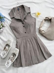 Soleia 女式休闲无袖格子印花开衩下摆褶皱连衣裙 - 彩色 - 查看 1