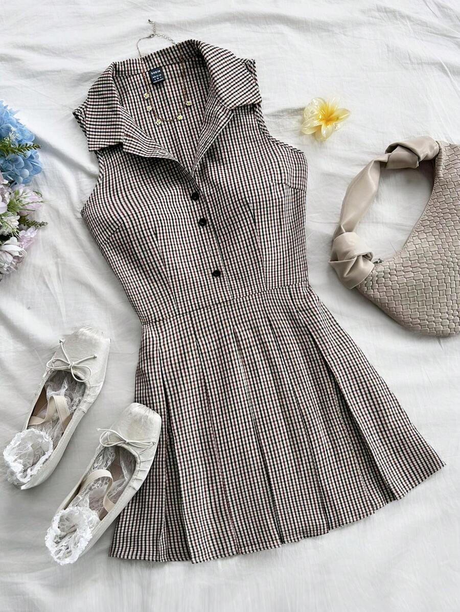 Soleia 女式休闲无袖格子印花开衩下摆褶皱连衣裙 - 彩色 - 查看 1