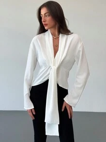Aloruh Blusa casual de manga larga con cuello en V y acento de cinta, para otoño e invierno