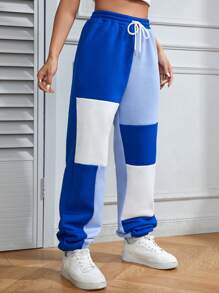 SHEIN Unity Colorblock Drawstring Waist Sweatpants Graduation,Back To School Outfits,Graduation,Teacher Outfits For Women,Back To School - Blue - View 3