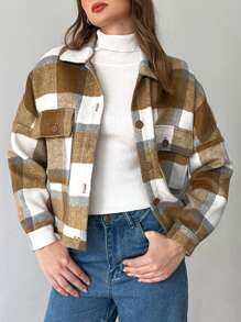 SHEIN Unity Plaid Print Buttoned Pockets Long Sleeve Jacket - Multicolor - View 6