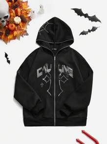 SHEIN Unity 正面拉链饰有水钻的简约连帽卫衣，休闲日常秋季卫衣 - 黑色 - 查看 1