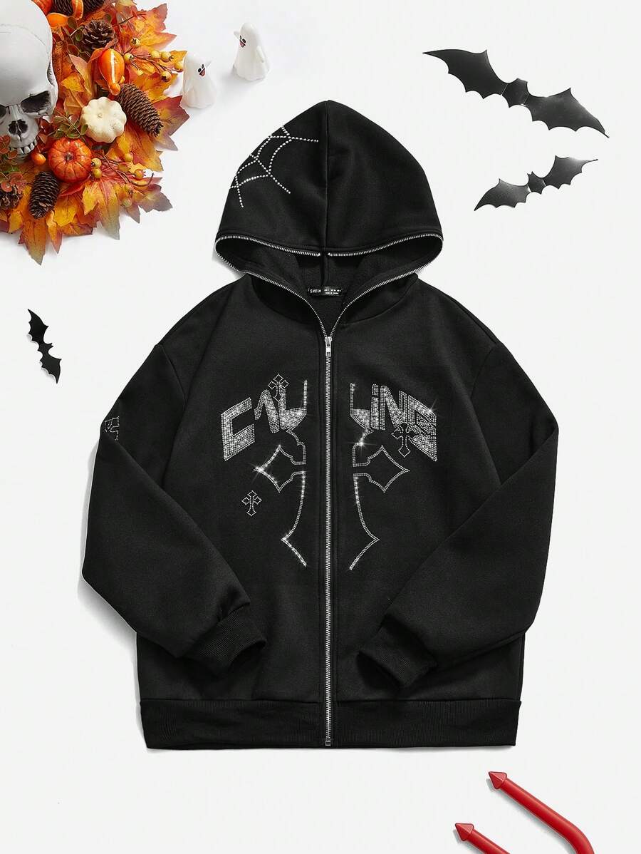 SHEIN Unity 正面拉链饰有水钻的简约连帽卫衣，休闲日常秋季卫衣 - 黑色 - 查看 1