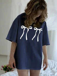 INAWLY Women's Bow Print Long Sleeve T-Shirt Graphic Tees Women Tops For Spring Outfit - Navy Blue - View 3