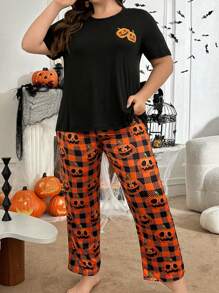 Halloween Pumpkin Plaid Print Short Sleeve Pajama Set - Orange - View 5