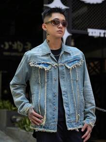 Manfinity Roghcode Men's Spring & Autumn Long Sleeve Patchwork Fringe Cargo Pockets Casual Denim Jacket - Blue - View 4