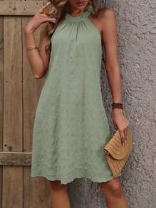 SHEIN Clasi Women's Solid Color Simple Cold Shoulder Casual Dress - Green - View 5