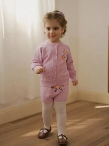 SHEIN 女婴卡通刺绣毛衣开衫和紫色刺绣毛衣短裤两件套服装，舒适休闲、居家、旅行必备 - 紫色 - 查看 5