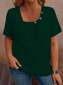 EMERY ROSE Camiseta casual de manga corta con botones decorativos de unicolor para mujer talla grande