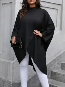 Flirla Blusa de manga larga informal con bajo asimétrico de unicolor para mujeres talla grande - Negro - Ver 5