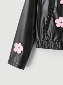 SHEIN MOD Cute Flower Design Sweet Autumn/Winter Women Jacket, Black Leather Jacket Costume Fall Women Tops Fall Women Outfits Police Woman Costume Queen Of Hearts - Black - View 3