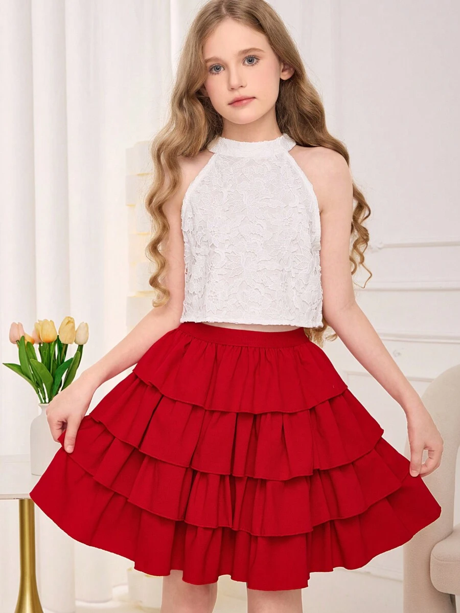 SHEIN 少女花朵蕾絲拉鍊背心和分層擺裙 - 紅白色 - 查看 1