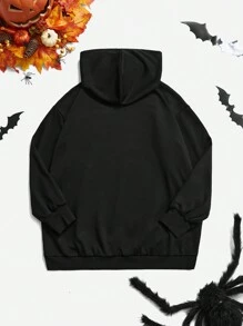 SHEIN Unity 万圣节休闲蜘蛛网印花连帽卫衣套头衫 - 黑色 - 查看 2