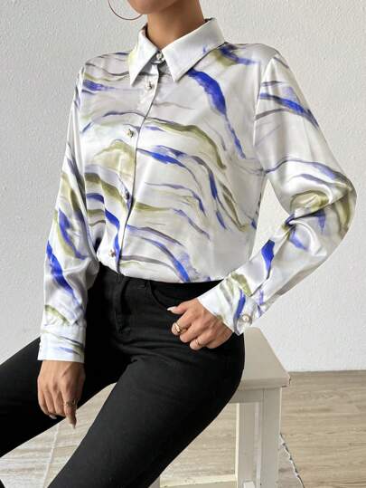 Modelyn 女士全印花长袖优雅通勤衬衫，春夏