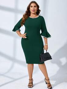 SHEIN Clasi 大码女式荷叶边喇叭袖紧身优雅连衣裙 - 墨綠色 - 查看 3