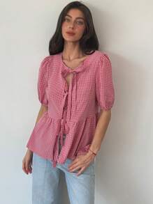 Aloruh New Retro Plaid Ribbon Round Neck Puff Sleeve Peter Pan Collar Button-Up Shirt - Red - View 4