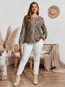 EMERY ROSE Blusa elegante de manga larga con cuello redondo, abotonada y con estampado completo, de moda, elegante para el otoño, talla grande - Multicolor - Ver 5