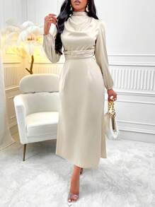 Zolique 燈籠袖緞面上衣和裙子 - 香檳色 - 查看 5