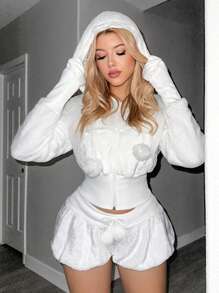 Sweetina Y2k 白色可爱修身蕾丝边羊毛短款连帽运动衫 90 年代装秋季女装，长袖上衣 - 白色 - 查看 1