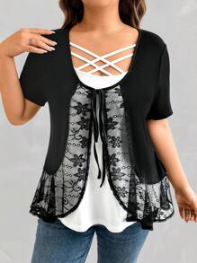 Plus Size Women Summer Floral Lace Patchwork Short Sleeve Casual T-Shirt - Black and White - View 5