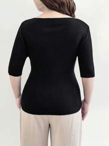 Flirla 大码纯色圆领短袖简约针织上衣，休闲日常穿着 - 黑色 - 查看 2