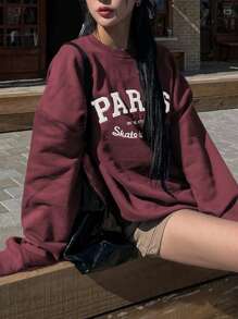 DAZY 女式圆领长袖字母印花简约卫衣，休闲日常穿着，长袖上衣，秋装 - 酒紅色 - 查看 4