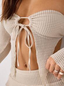 SHEIN Unity Bộ 2 áo crop top dài tay trễ vai màu trơn và chân váy mini cho nữ, mùa xuân hè - Màu be - Xem 7