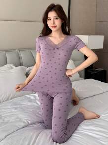 DAZY Lace Patchwork Ditsy Floral Ruffle Trim Short Sleeve Sleepwear Set Pajama