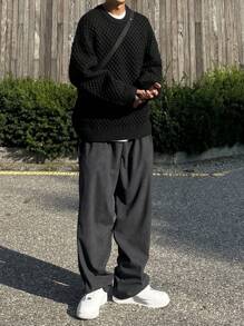 DAZY Men's Round Neck Drop Shoulder Casual Loose Plain Knit Sweater, Autumn, Grunge Style