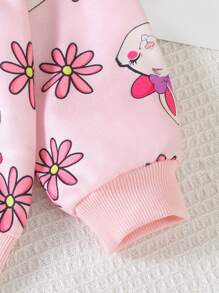 Cardigan com capuz e zíper com estampa de desenho animado de manga comprida para bebê menina com decoração de orelha de coelho 3D e laço, outono - Rosa - Ver 8