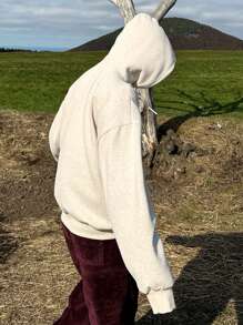 DAZY 男士字母刺绣长袖连帽衫，带口袋，秋季休闲日常穿着 - 米色 - 查看 2