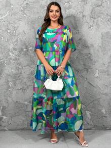 SHEIN LUNE 大码女式彩色印花圆领短袖连衣裙