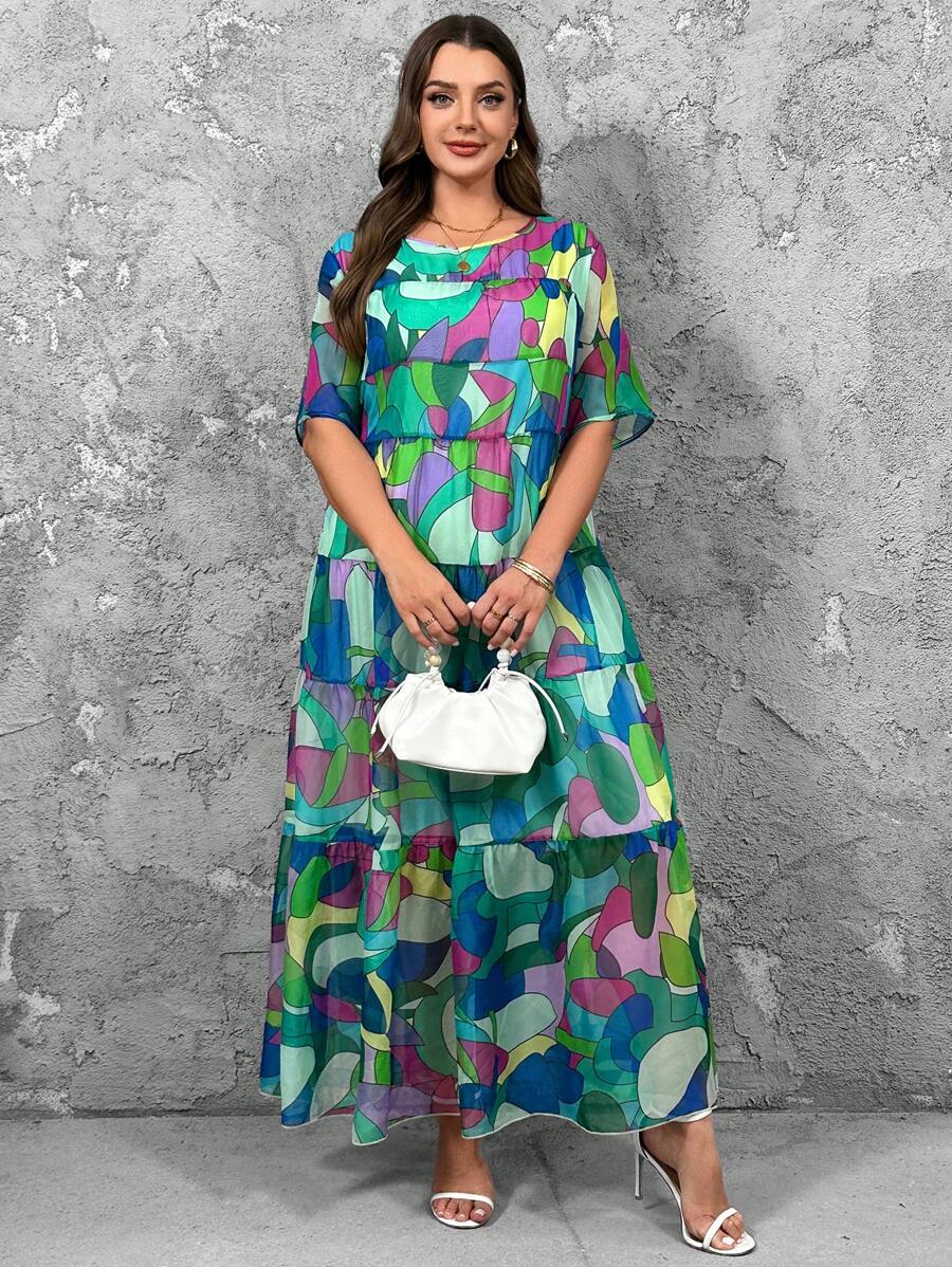 SHEIN LUNE 大码女式彩色印花圆领短袖连衣裙