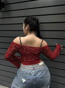 SHEIN MOOSTA Plus Size Women Off-Shoulder Hollow-Out Long Sleeve Top - Burgundy - View 2