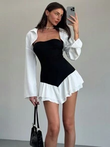 Aloruh Y2K Style Collared Long Sleeve Ruffle Trim Waist Cinching Mini Dress For Women - Black and White - View 8