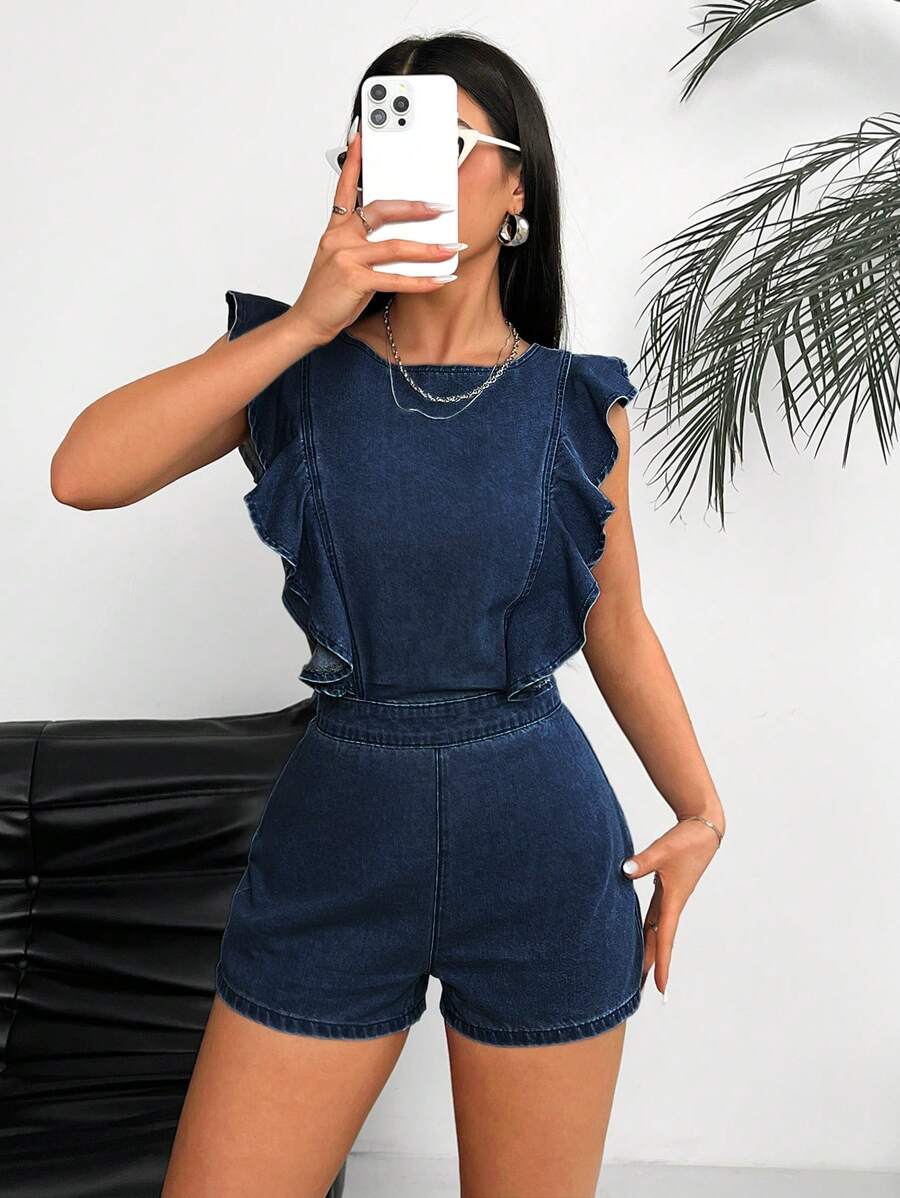 SHEIN EZwear 女士纯色荷叶边连体裤，休闲装 - 深色水洗藍 - 查看 1