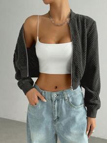 SHEIN EZwear Damen Einfarbig, minimalistische lässige Textured Baseball Jacke mit Langarm - Grau - Übersicht 7