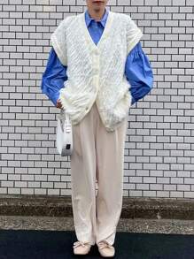 FRIFUL Women's Solid Color Front Button Short Sleeve Casual Loose Sweater Vest,Fall Clothes - Apricot - View 2