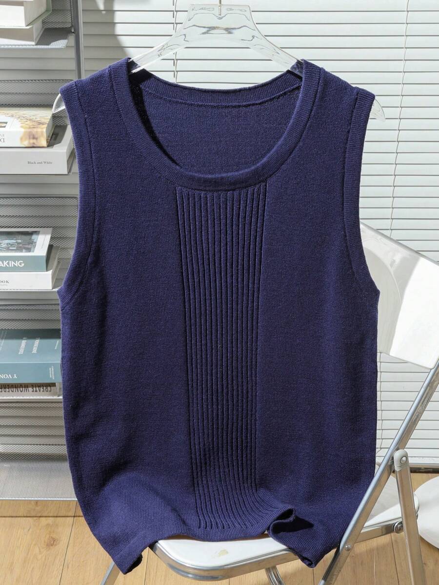 Claim Dot Áo vest dệt kim cổ tròn không tay thoải mái, rộng rãi, hợp thời trang cho nam - Màu xanh hải quân - Xem 1
