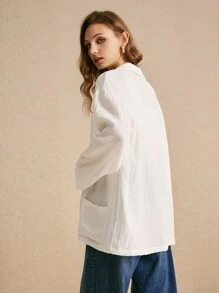 Poéselle 女式翻领前扣长袖简约口袋衬衫，休闲日常穿着冬季女装秋季衬衫白衬衫外套纽扣舒适休闲 100% 纯棉 - 白色 - 查看 3