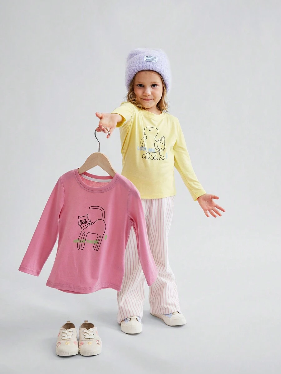 2 peças/Conjunto de Camisetas de Manga Longa de Malha com Estampa Fofa de Pato e Gato para Meninas Pequenas