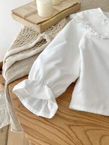 SHEIN LMoss Kids LMoss Young Girl Frill Trim Peter Pan Collar Statement Collar Lantern Sleeve Blouse,Autumn And Winter,Great For Casual & Daily Wear & School Daily,College Style, Back-To-School