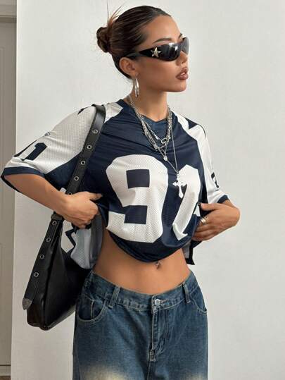 StreetHx Camiseta holgada con bloque de color, estampado numérico y malla transpirable, blusas gráficas para mujer de primavera/verano