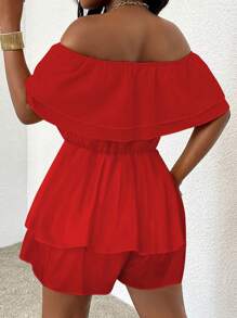 Zolique Women's Casual Off-Shoulder Ruffle Hem Romper - Red - View 2