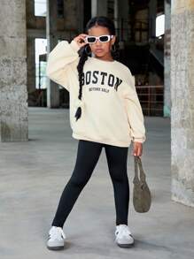 SHEIN Ensemble de 2 pièces pour fille préadolescente : sweat-shirt imprimé de lettres et pantalon, ensemble de sport décontracté - Nude - Voir 7