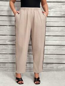 大码女式纯色简约日常纽扣装饰裤 - 卡其色 - 查看 4