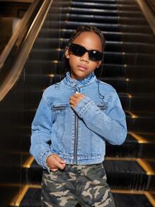 Tween Girls Casual Comfortable Soft Washed Zipper Decor Street Chic Denim Jacket - Medium Wash - View 3