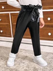 SHEIN 年轻女孩复古港风高腰直筒系带休闲皮裤（小码），2024年春季 - 黑色 - 查看 4